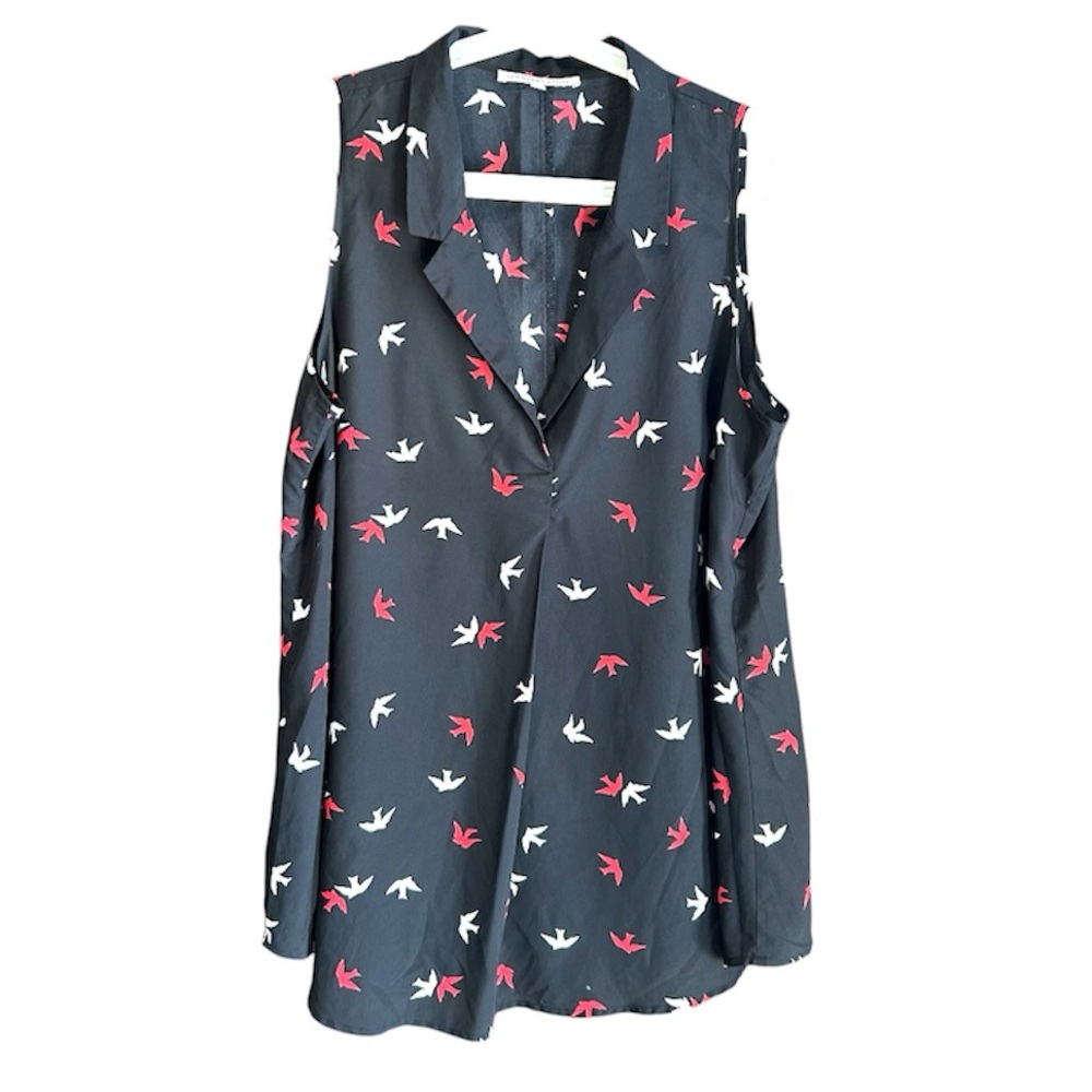 Daniel Rainn Black Blouse with Red and White Bird Pattern